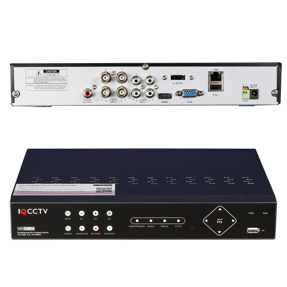 IQCCTV 4 Camera H264+ 5MP AHD/TVI/CVI/IP/960H (5MP, 4MP, 3MP, 1080P, 720P, 960H) or 6 Camera IP Hybrid DVR