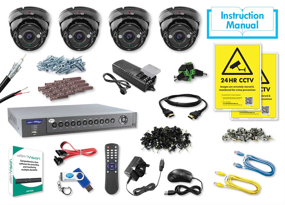 4 Camera HD CCTV Kit 4 x Black HD 2.8-12mm Eyeballs