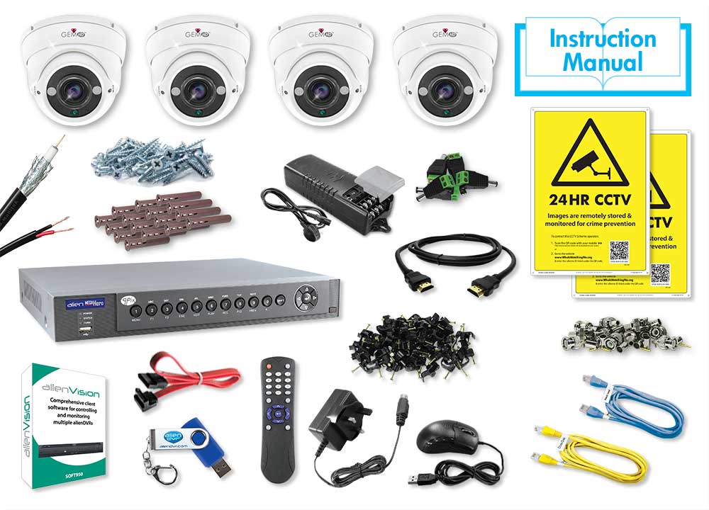 4 Camera HD CCTV Kit 4 x White Gem HD 2.8-12mm Eyeballs