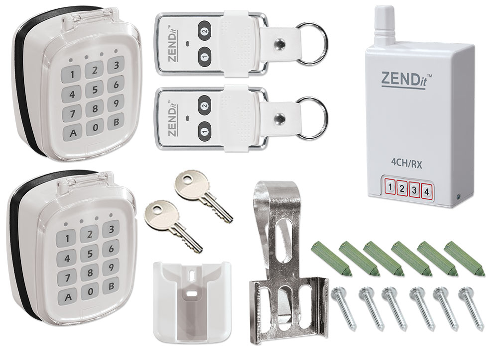 Wirefree 2 x Keyfobs (2 Channel) 2 x Keypads (White) + 4 Channel Receiver Unit
